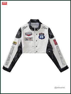 Cropped Faux Leather Moto Jacket PU Racing Biker Streetwear Coat